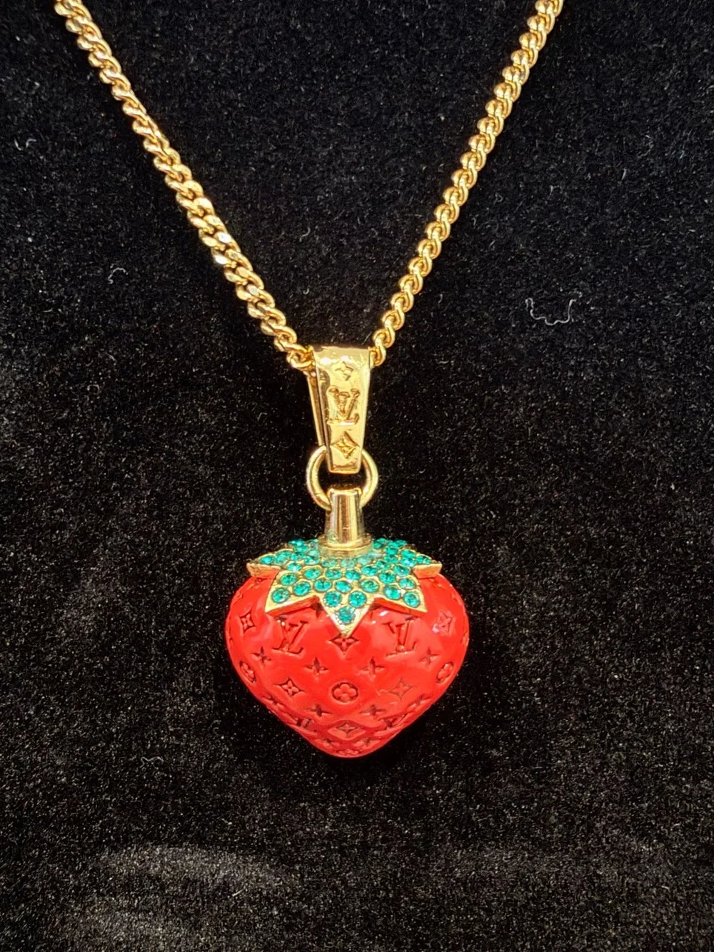 Louis Vuitton Gold-Tone Necklace with Red Strawberry and Red LV Pendant